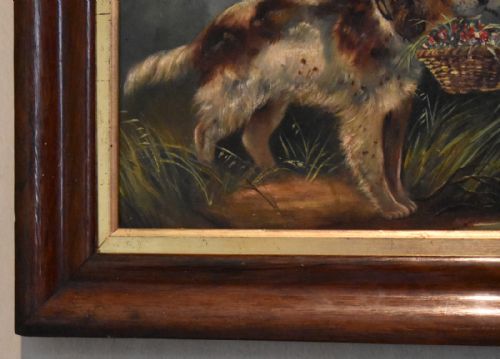 VICTORIAN OIL OF A DOG WITH A BASKET OF FLOWERS - ADDITIONAL PHOTO 4