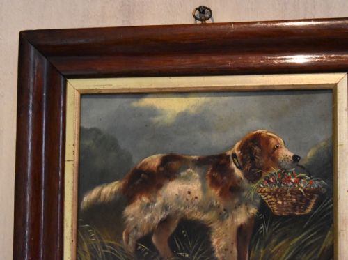 VICTORIAN OIL OF A DOG WITH A BASKET OF FLOWERS - ADDITIONAL PHOTO 5