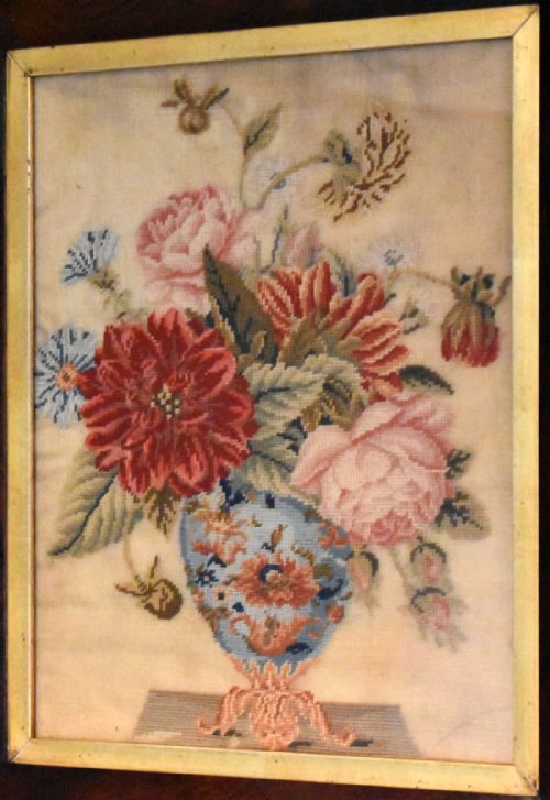 victorian needlework of a vase of flowers - CATEGORY: ANTIQUE MISCELLANEOUS - DATED 1860