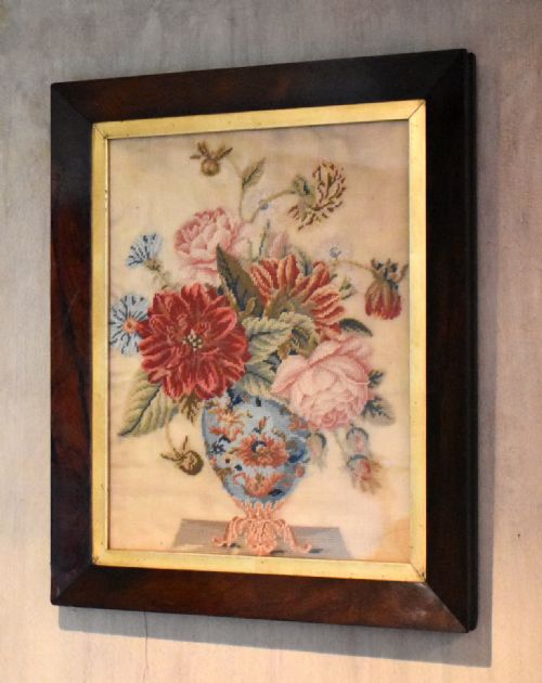 VICTORIAN NEEDLEWORK OF A VASE OF FLOWERS - ADDITIONAL PHOTO 1