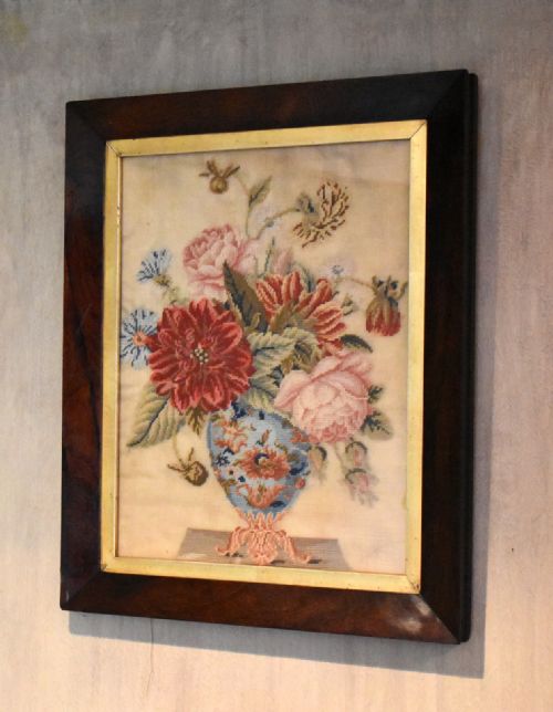 VICTORIAN NEEDLEWORK OF A VASE OF FLOWERS - ADDITIONAL PHOTO 2