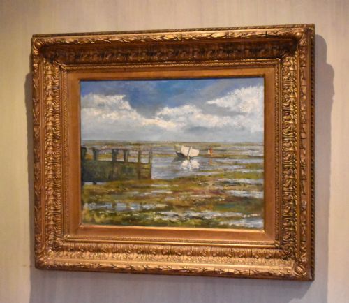 english impressionist oil painting of low tide - CATEGORY: ANTIQUE ART - DATED 1900