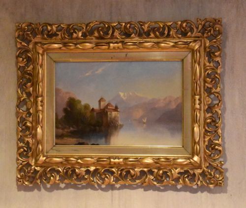 alpine scene oil painting chillon castle lake geneva switzerland - CATEGORY: ANTIQUE ART - DATED 1920
