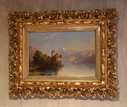 ALPINE SCENE OIL PAINTING CHILLON CASTLE LAKE GENEVA SWITZERLAND - ADDITIONAL PHOTO 1