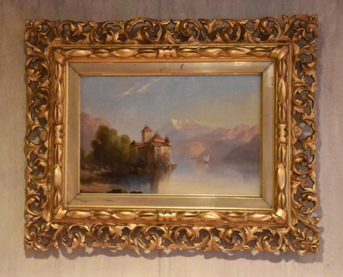 ALPINE SCENE OIL PAINTING CHILLON CASTLE LAKE GENEVA SWITZERLAND - ADDITIONAL PHOTO 2