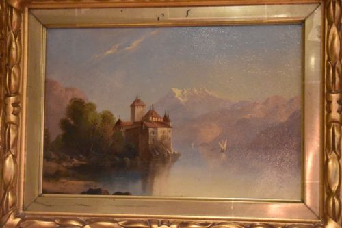 ALPINE SCENE OIL PAINTING CHILLON CASTLE LAKE GENEVA SWITZERLAND - ADDITIONAL PHOTO 3