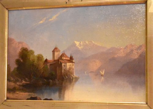 ALPINE SCENE OIL PAINTING CHILLON CASTLE LAKE GENEVA SWITZERLAND - ADDITIONAL PHOTO 4