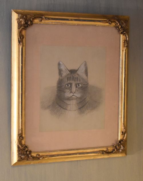 superb victorian 'grumpy cat' pastel drawing - CATEGORY: ANTIQUE ART - DATED VICTORIAN