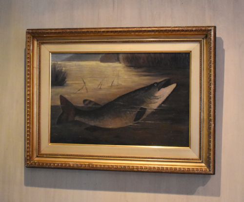 english naive school oil of a pike - CATEGORY: ANTIQUE ART - DATED 1900