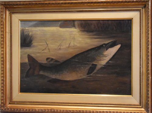 ENGLISH NAIVE SCHOOL OIL OF A PIKE - ADDITIONAL PHOTO 2