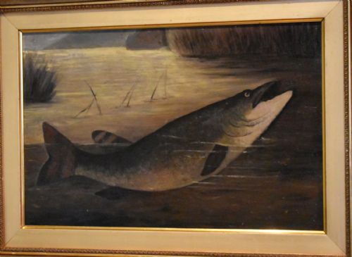 ENGLISH NAIVE SCHOOL OIL OF A PIKE - ADDITIONAL PHOTO 3