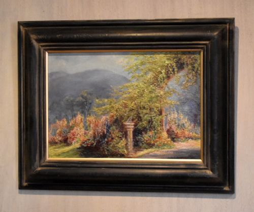garden scene oil painting by v rawlins - CATEGORY: ANTIQUE ART - DATED EDWARDIAN