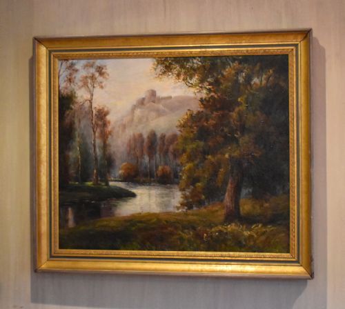 river landscape oil painting by epbaker - CATEGORY: ANTIQUE ART - DATED 1910