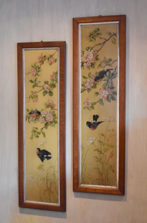 pair of oil paintings of finches in blossom - CATEGORY: ANTIQUE ART - DATED 1900