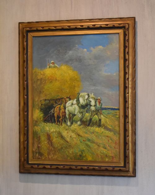 oil painting of working horses and farmers - CATEGORY: ANTIQUE ART - DATED 1900