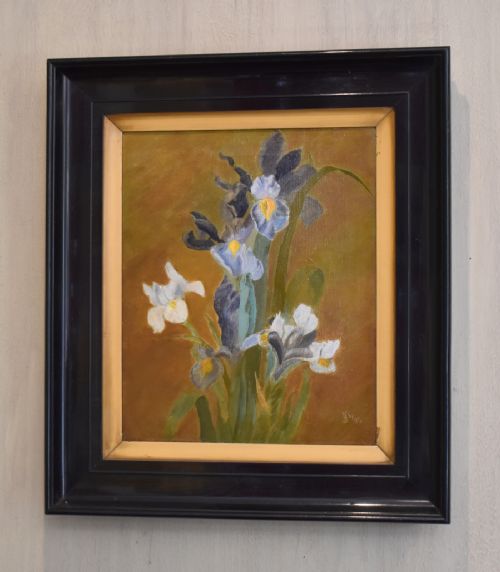 still life oil painting of irises - CATEGORY: ANTIQUE ART - DATED 1920