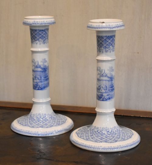 unusual pair of blue and white candlesticks - CATEGORY: ANTIQUE LIGHTING - DATED 1880