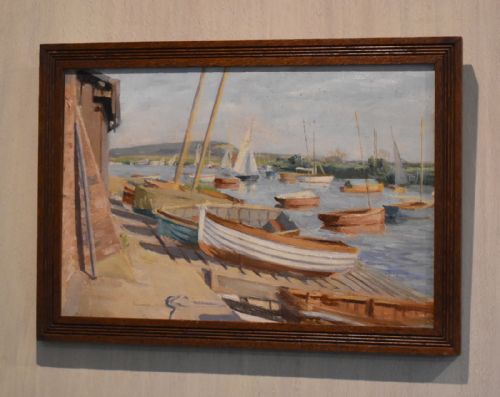 boats in harbour oil painting by marjorie mort 19061988 - CATEGORY: ANTIQUE ART - DATED 1950