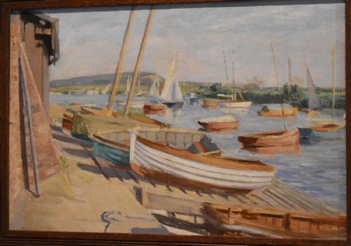 BOATS IN HARBOUR OIL PAINTING BY MARJORIE MORT 19061988 - ADDITIONAL PHOTO 2