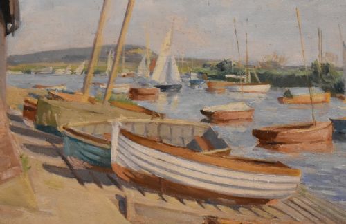 BOATS IN HARBOUR OIL PAINTING BY MARJORIE MORT 19061988 - ADDITIONAL PHOTO 4
