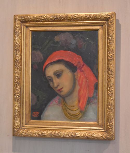 oil painting of a lady with a red headscarf - CATEGORY: ANTIQUE ART - DATED 1930