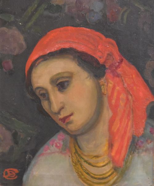 OIL PAINTING OF A LADY WITH A RED HEADSCARF - ADDITIONAL PHOTO 3