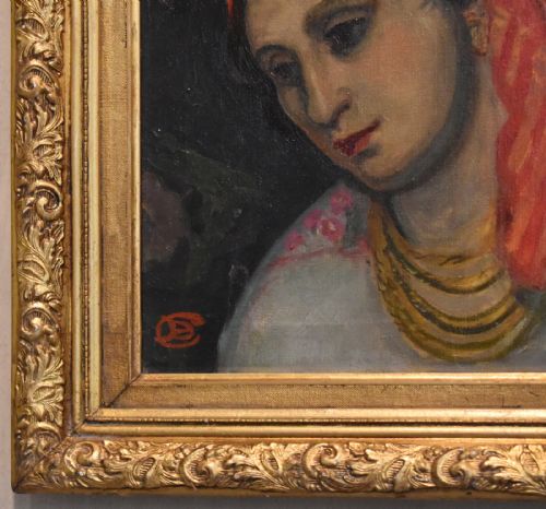 OIL PAINTING OF A LADY WITH A RED HEADSCARF - ADDITIONAL PHOTO 5