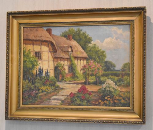edwardian cottage oil painting by f bamber - CATEGORY: ANTIQUE ART - DATED EDWARDIAN