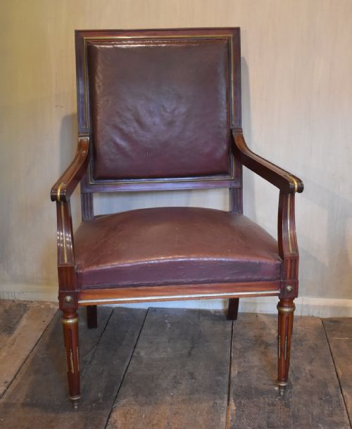 french mahogany brass and leather armchair - CATEGORY: ANTIQUE CHAIRS - DATED 1880