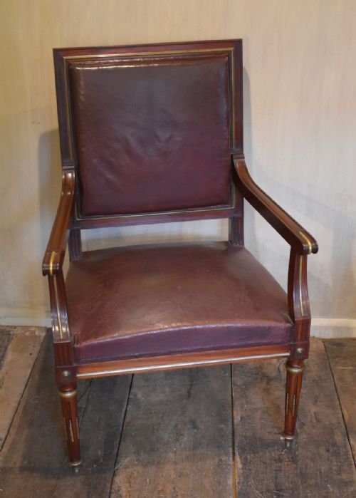 FRENCH MAHOGANY BRASS AND LEATHER ARMCHAIR - ADDITIONAL PHOTO 1