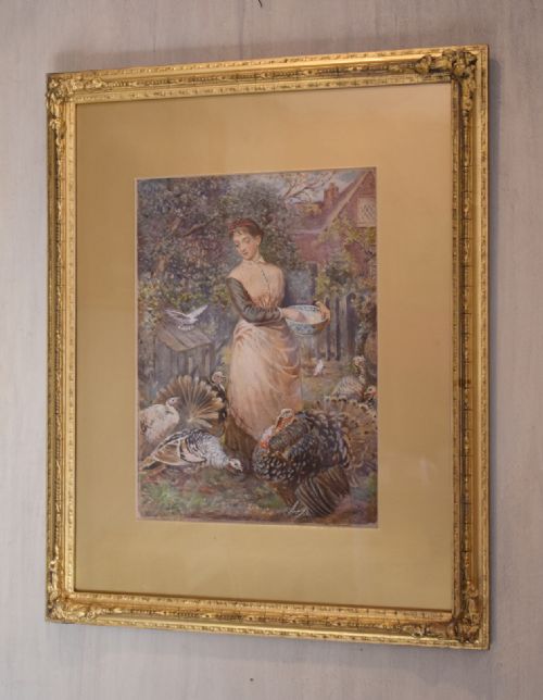 superb watercolour 'feeding the turkeys' by robert crozier - CATEGORY: ANTIQUE ART - DATED 1870