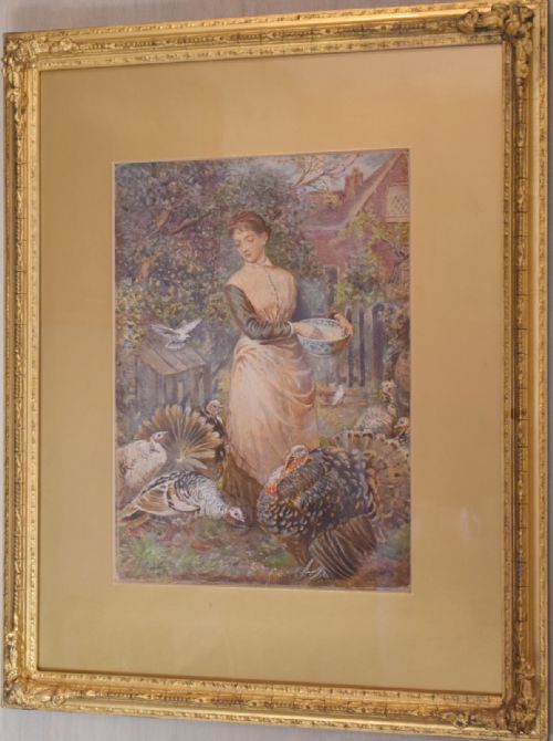 SUPERB WATERCOLOUR 'FEEDING THE TURKEYS' BY ROBERT CROZIER - ADDITIONAL PHOTO 1
