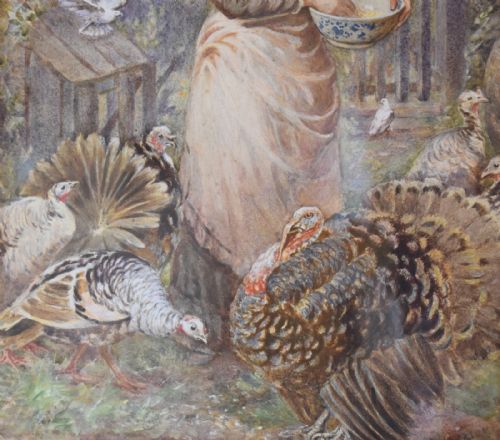 SUPERB WATERCOLOUR 'FEEDING THE TURKEYS' BY ROBERT CROZIER - ADDITIONAL PHOTO 5