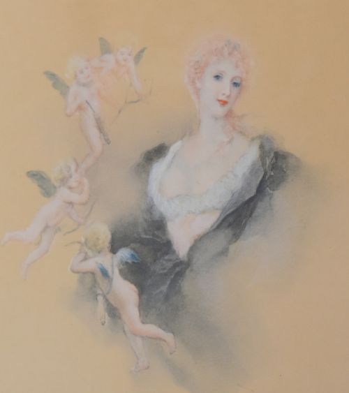 FINE WATERCOLOUR OF A LADY WITH CHERUBS BY LUCIUS ROSSI - ADDITIONAL PHOTO 4