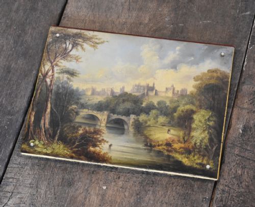 superb papier mache blotter with oil painting of alnwick castle - CATEGORY: ANTIQUE ART - DATED 1850