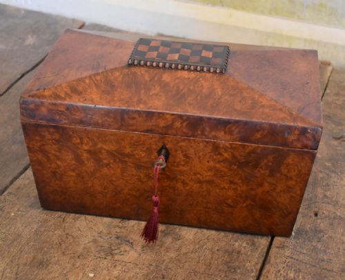 superb regency burr yew tea caddy - CATEGORY: ANTIQUE BOXES - DATED REGENCY