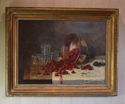 large still life oil painting jam making - CATEGORY: ANTIQUE ART - DATED 1940