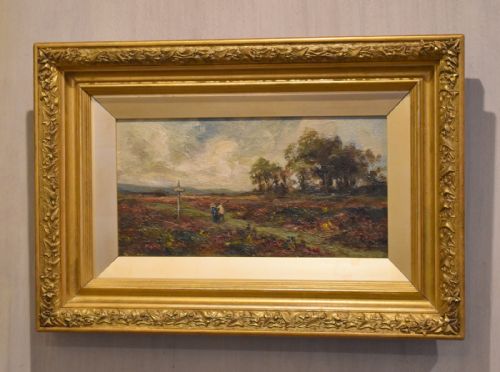 landscape oil painting with figures at a crossroad - CATEGORY: ANTIQUE ART - DATED 1920