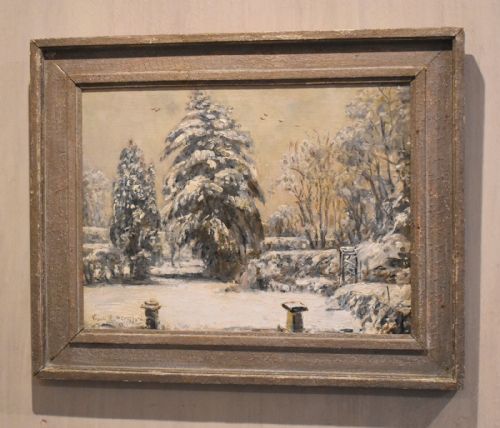 winter garden scene oil painting by frank e beresford - CATEGORY: ANTIQUE ART - DATED 1950