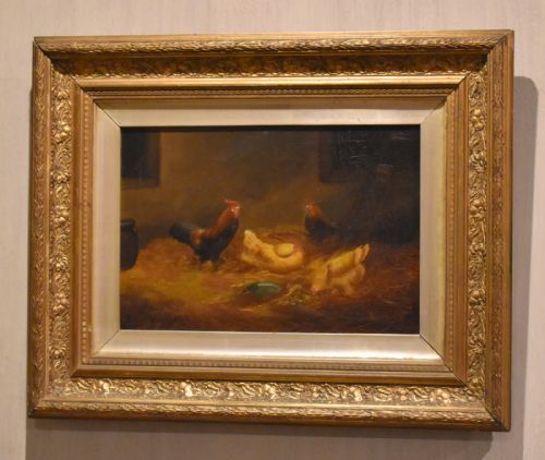 oil painting of chickens in a barn - CATEGORY: ANTIQUE ART - DATED 1900