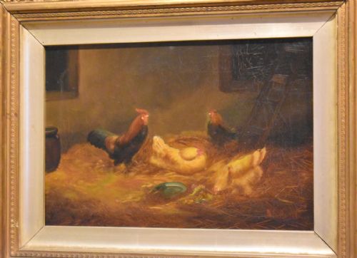 OIL PAINTING OF CHICKENS IN A BARN - ADDITIONAL PHOTO 3
