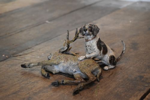 large cold painted bronze group of a hound with stag - CATEGORY: ANTIQUE METAL - DATED 1920