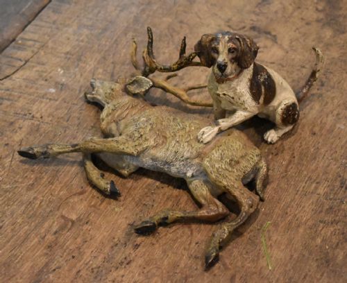 LARGE COLD PAINTED BRONZE GROUP OF A HOUND WITH STAG - ADDITIONAL PHOTO 2