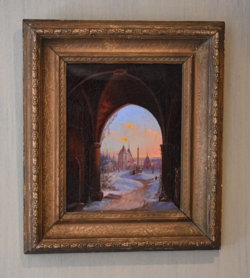 small victorian gothic oil painting by fhart - CATEGORY: ANTIQUE ART - DATED 1850