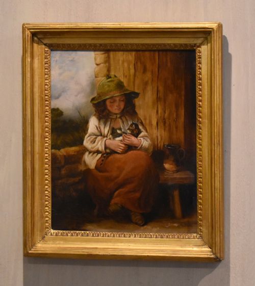 victorian oil painting of a girl with kitten - CATEGORY: ANTIQUE ART - DATED VICTORIAN