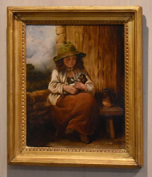 VICTORIAN OIL PAINTING OF A GIRL WITH KITTEN - ADDITIONAL PHOTO 1