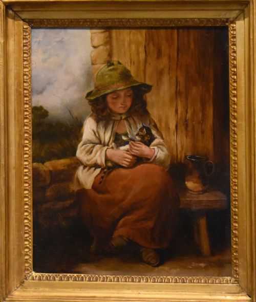 VICTORIAN OIL PAINTING OF A GIRL WITH KITTEN - ADDITIONAL PHOTO 2