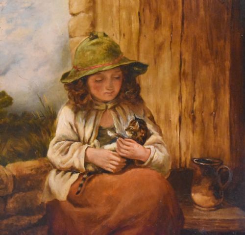 VICTORIAN OIL PAINTING OF A GIRL WITH KITTEN - ADDITIONAL PHOTO 3
