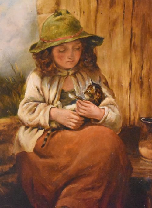 VICTORIAN OIL PAINTING OF A GIRL WITH KITTEN - ADDITIONAL PHOTO 4