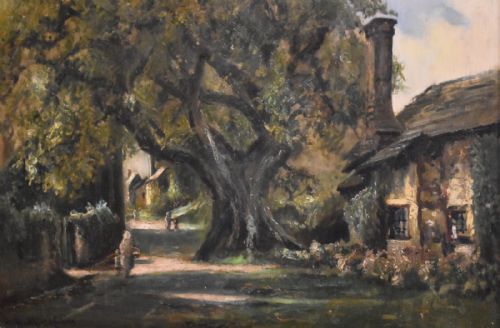 A SOMERSETSHIRE VILLAGE OIL PAINTING BY HENRY HADFIELD CUBLEY - ADDITIONAL PHOTO 3